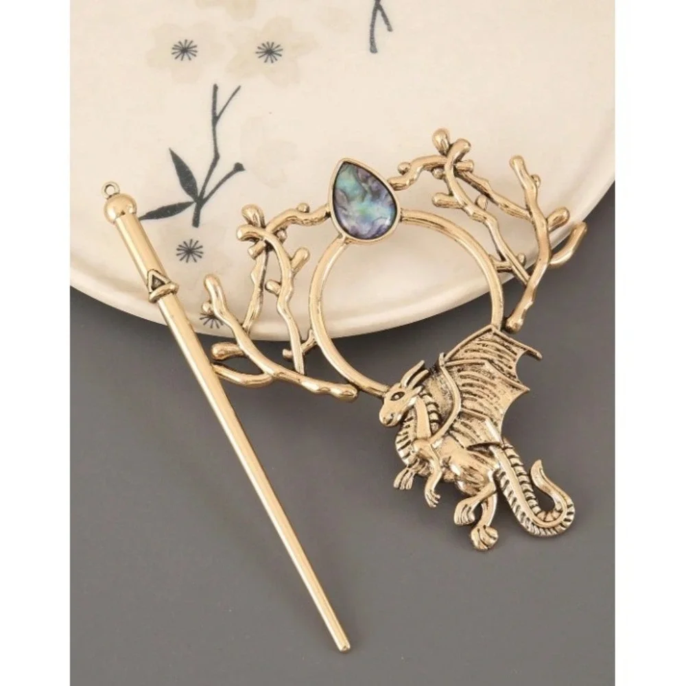 Bohemian Totem Hair Clip Set Vintage Zinc Alloy Dragonfly Owl Dragon Gold Tone